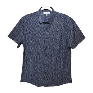 Vince Camuto Button Front Stretch Shirt Mens M‎ Short Sleeve Blue Geometric Logo